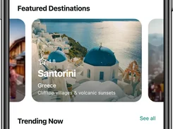 Travel discovery app screen with destination search, featured locations, ratings, and trip navigation.