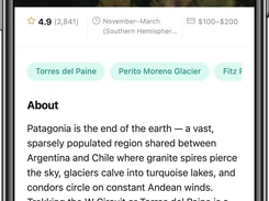 Patagonia destination detail screen with ratings, seasonal information, gallery, and Add to Trip action.