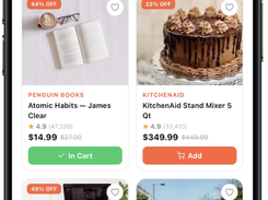 Product exploration screen with category filters, discounted product cards, ratings, and cart controls.