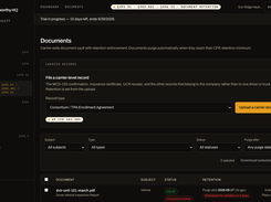 Document vault — every file carries a retention clock computed from its CFR window, with legal hold and two-step purge. (Demo fleet data.)