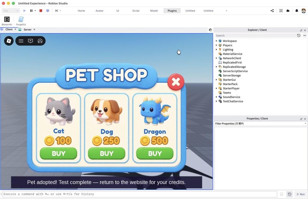 Roblox Studio window with a Pet Shop GUI running in the viewport and the Explorer and Properties panels visible at right.