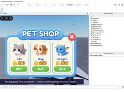 Roblox Studio window with a Pet Shop GUI running in the viewport and the Explorer and Properties panels visible at right.
