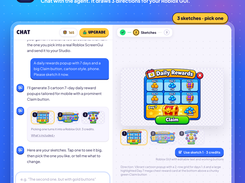 Roblox GUI Maker web interface showing a chat prompt, three daily-rewards GUI sketches, and a selected sketch preview with a button to use it.