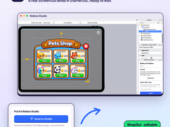 Graphic explaining one-click export to Roblox Studio, with a Pets Shop GUI visible in the Studio editor and an arrow from a Send to Studio control.