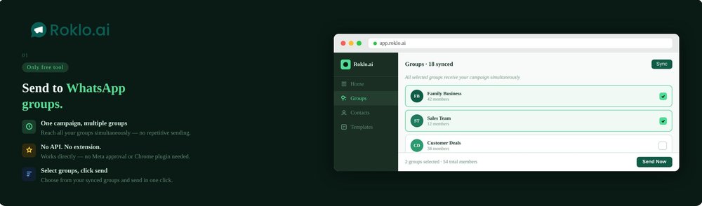 . Roklo.ai — Bulk WhatsApp Group Broadcasting