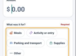 Expense-entry form showing an amount field and expense categories including Meals, Activity or entry, Parking and transport, Supplies, and Other.