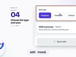 Mobile app tutorial frame for choosing a note type, with Progress, Feedback, and Clinical options and a Save note button.