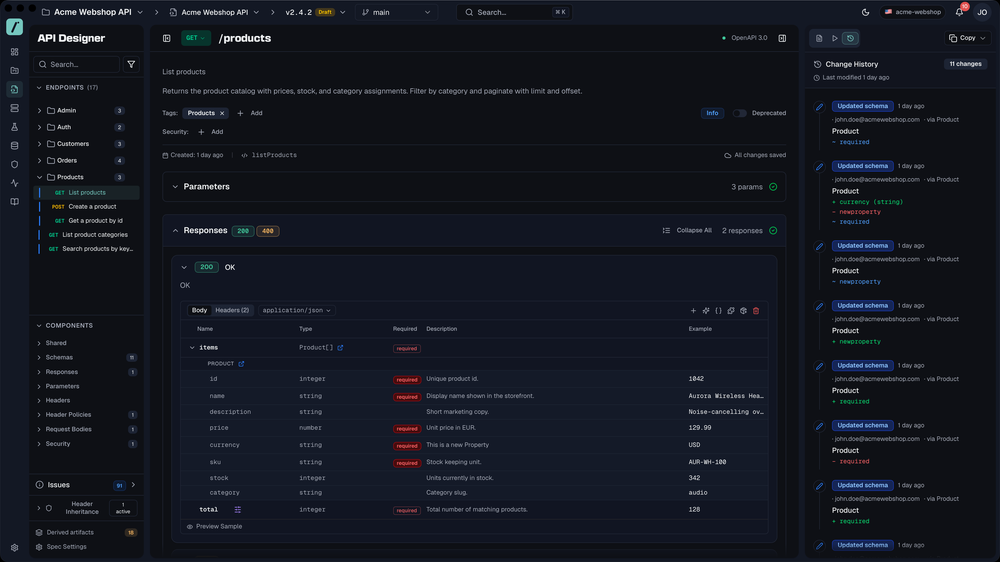 Design your OpenAPI spec in a visual editor, and every change is tracked.
