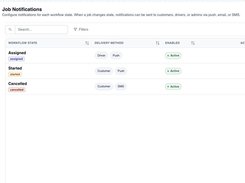 RouteIQ Settings page for Job Notifications, listing Assigned, Started, and Cancelled workflow states with delivery methods and active-status badges.
