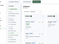 RouteIQ workflow settings page showing the JobDefault workflow, a default state selector, and columns of Pending and Assigned workflow states.