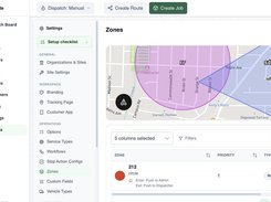 RouteIQ Zones settings page showing a map with colored circular and polygonal service zones and a zone table below.