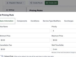 RouteIQ Add Pricing Rule modal with tabs for basic information, components, conditions, service type modifiers, surcharges, and vehicle type modifiers.