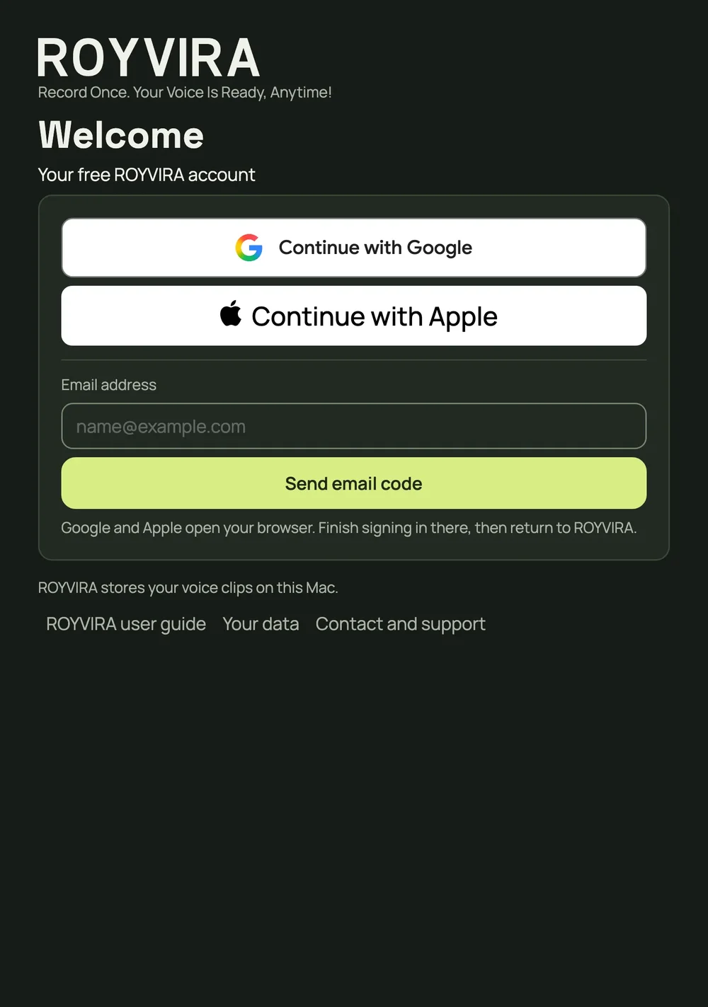 ROYVIRA sign-in screen offering Google and Apple sign-in buttons and an email field for sending an email code.
