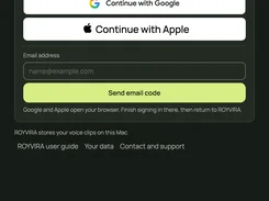 ROYVIRA sign-in screen offering Google and Apple sign-in buttons and an email field for sending an email code.