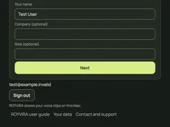 ROYVIRA profile setup screen, step 1 of 3, with fields for name, company, and role and a Next button.