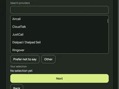 ROYVIRA onboarding screen asking which calling provider is used, with a searchable list including Aircall, CloudTalk, JustCall, Dialpad, and Ringover.