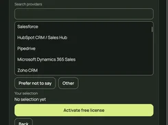 ROYVIRA onboarding screen asking which CRM is used, listing Salesforce, HubSpot CRM, Pipedrive, Microsoft Dynamics 365 Sales, and Zoho CRM.