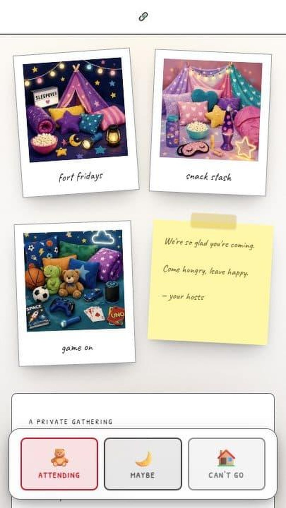Sleepover-themed invitation screen with three illustrated photo prints, a note, and RSVP response buttons.