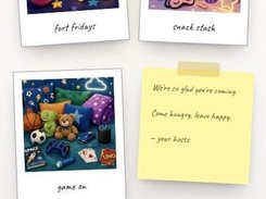 Sleepover-themed invitation screen with three illustrated photo prints, a note, and RSVP response buttons.