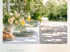 Garden brunch invitation with a photo of a set outdoor table, floral arrangements, and RSVP response buttons.