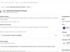 RuleInside agent configuration screen for a store voice assistant, with instructions, voice, language, and model settings.