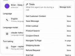 Agent configuration and tools panel listing store, in-page, and built-in call capabilities.