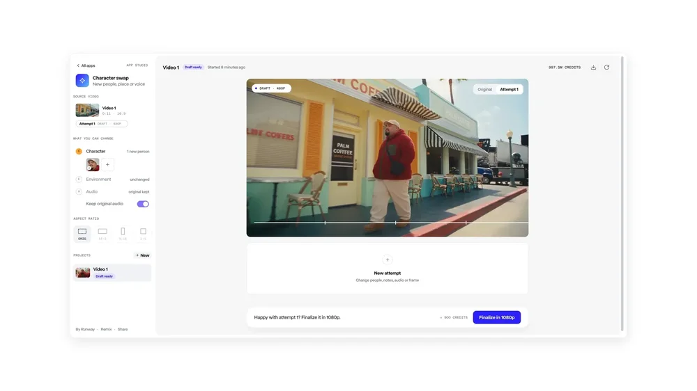 App Studio character-swap editor with source video, aspect ratio, and finalization controls.