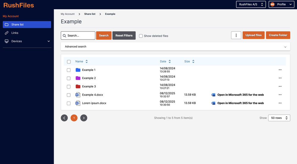 RushFiles web interface showing file and folder management, including search, uploads, sharing, and integration with Microsoft 365 for online document editing.