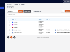 RushFiles web interface showing file and folder management, including search, uploads, sharing, and integration with Microsoft 365 for online document editing.
