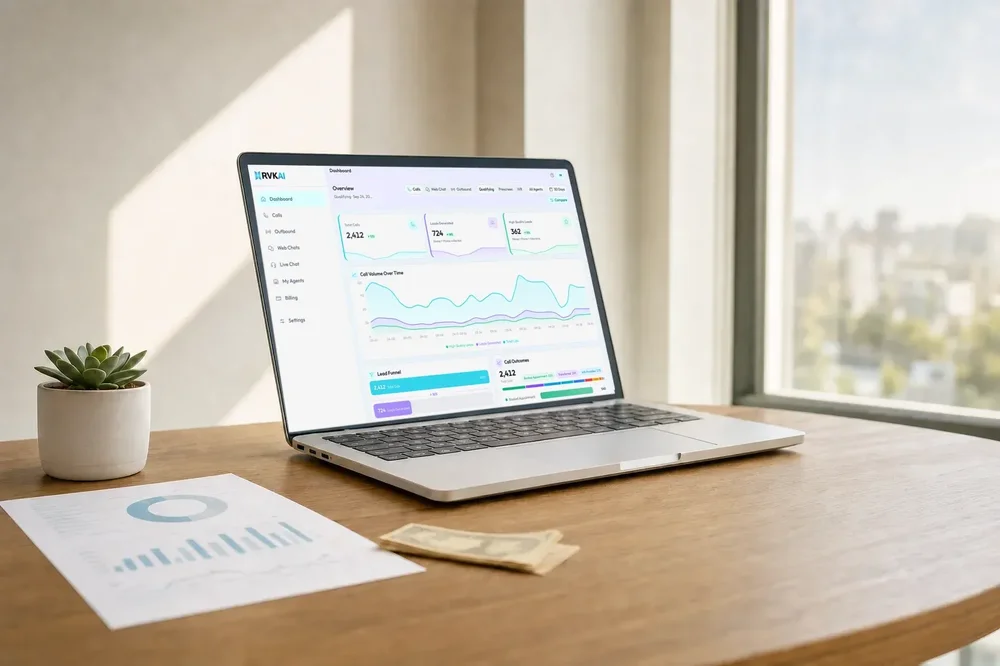 A laptop displays the RVK AI dashboard with sidebar navigation, call and lead metrics, trend charts, a lead funnel, and call-outcome panels.