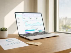 A laptop displays the RVK AI dashboard with sidebar navigation, call and lead metrics, trend charts, a lead funnel, and call-outcome panels.