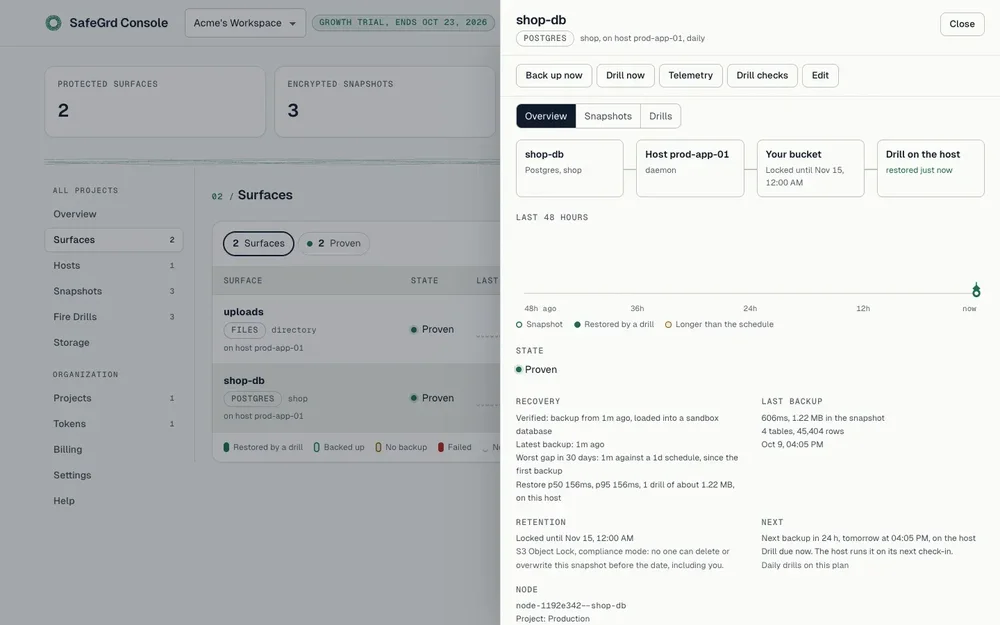 SafeGrd Console light-theme shop-db details drawer with backup, drill, telemetry, and drill-check controls, a recovery timeline, backup details, retention, and next-backup information.