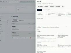 SafeGrd Console light-theme shop-db details drawer with backup, drill, telemetry, and drill-check controls, a recovery timeline, backup details, retention, and next-backup information.