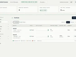 SafeGrd Console light-theme Surfaces page showing protected uploads and shop-db surfaces, backup status, verified points, restore times, and schedules.