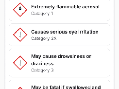 Mobile worker QR view showing hazard warnings and SDS ingredients for brake parts cleaner.