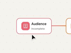 A workflow-style interface on a dotted canvas shows a connected card labeled “Audience” with the status “Incomplete” and a partially visible orange card with a hashtag icon.