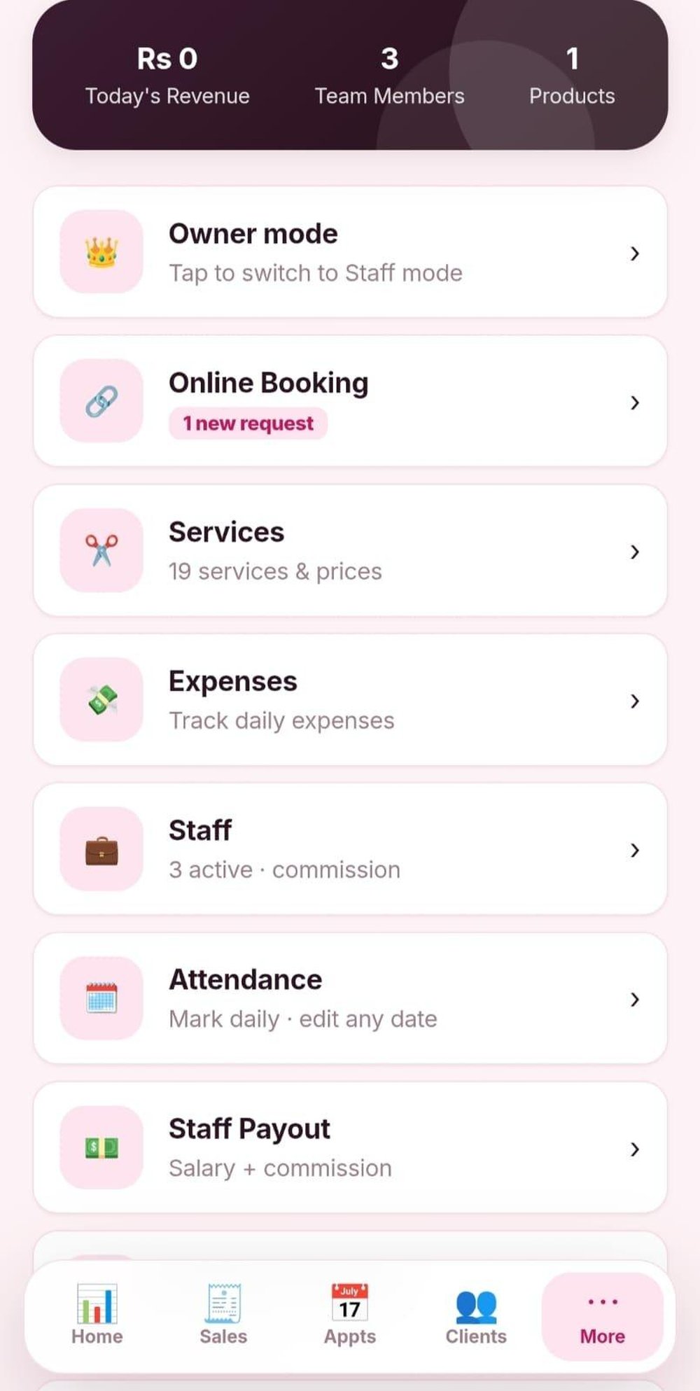 Salonipy mobile More menu showing owner mode, online booking, services, expenses, staff, attendance, and staff payout options.
