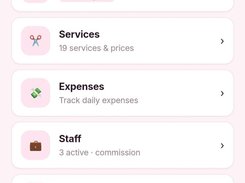 Salonipy mobile More menu showing owner mode, online booking, services, expenses, staff, attendance, and staff payout options.