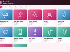 Glow Studio service-selection screen displaying category filters and tiles for salon services with prices and durations.