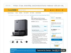 Sampo Pricing pricing-violation detail view for a Sharaf DG listing of the eufy Clean X10 Pro Omni, showing MAP price, advertised price, gap percentage, an embedded reseller-page capture, and detection details.