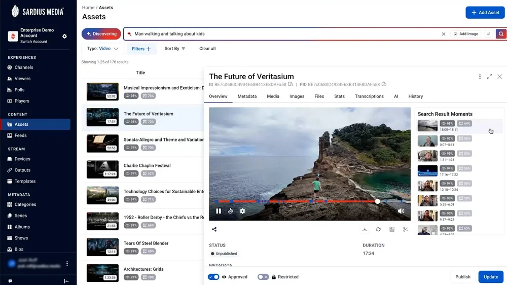 Browse and search on-demand content with AI-powered contextual discovery (transcript, visual and audio). Instant transcript summaries, localized search results, smart suggested meta-data tagging, and content recommendations built into the video library.