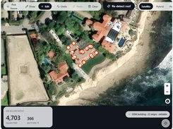 Satellite imagery of a coastal property in a roof-measurement interface, with an orange outlined roof, editing controls, and measurements of 4,703 square feet and 366 perimeter feet.