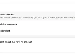 Light-mode prompt interface showing a library of saved prompts, including “LinkedIn product announcement,” and a prompt composer below.