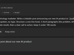 Dark-mode prompt improvement panel with role, tone, format, and length controls and a revised LinkedIn-post prompt.