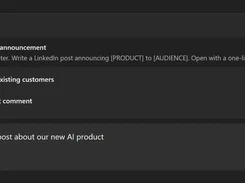 Dark-mode prompt interface showing a library of saved prompts and a composer containing a request to write a LinkedIn post.