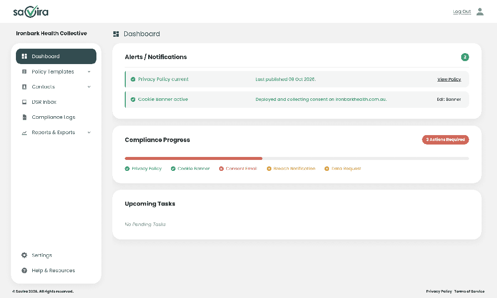 Savira web dashboard for Ironbark Health Collective showing alerts and notifications, compliance progress, upcoming tasks, and a navigation menu for policy templates, contacts, DSR inbox, compliance logs, and reports.