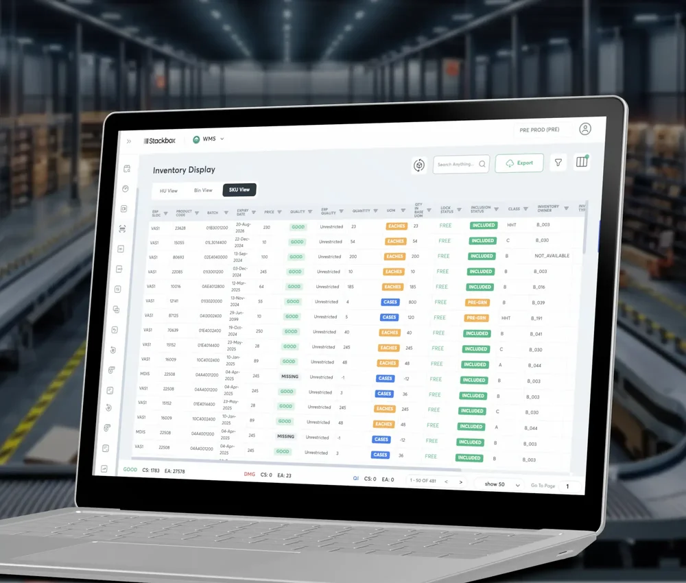 A laptop displays the Stackbox WMS Inventory Display in SKU View, with an inventory table, search field, export button, filters, and inventory status labels.