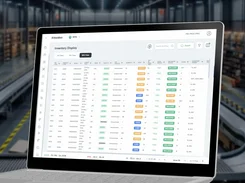 A laptop displays the Stackbox WMS Inventory Display in SKU View, with an inventory table, search field, export button, filters, and inventory status labels.