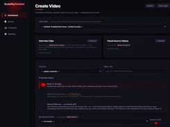 ScaleMyContent dark-themed “Create Video” dashboard with job folder selection, interview and visual-source upload panels, channel and video-title fields, production-mode options, and background-music controls.