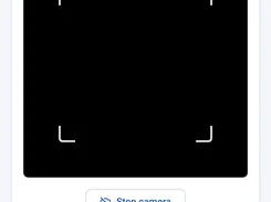 Mobile Scan tab with a badge-scanning camera frame, scan totals, and buttons to stop the camera or enter details manually.